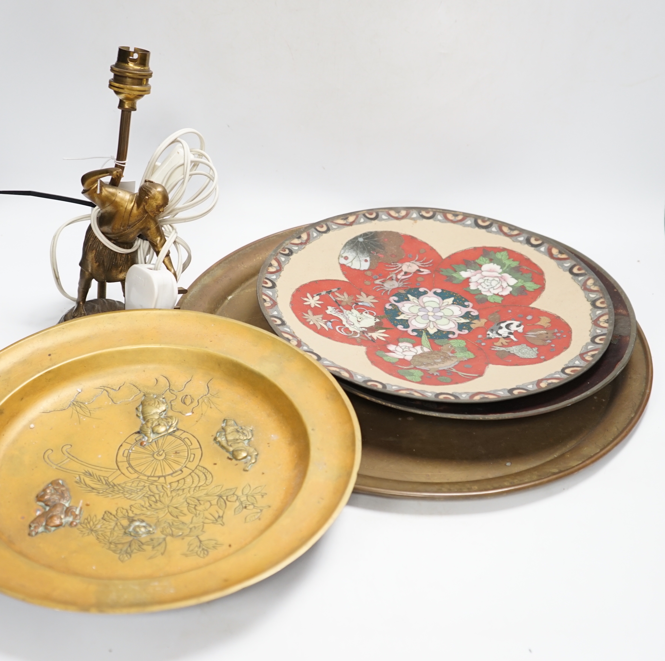 A Japanese cloisonné enamel dish, another similar dish, a Chinese mixed metal dish and a figural lamp etc